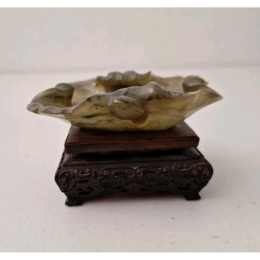 ANTIQUE Chinese Carved Agate Turtle Body Lotus QING DYNASTY On Wooden Stand